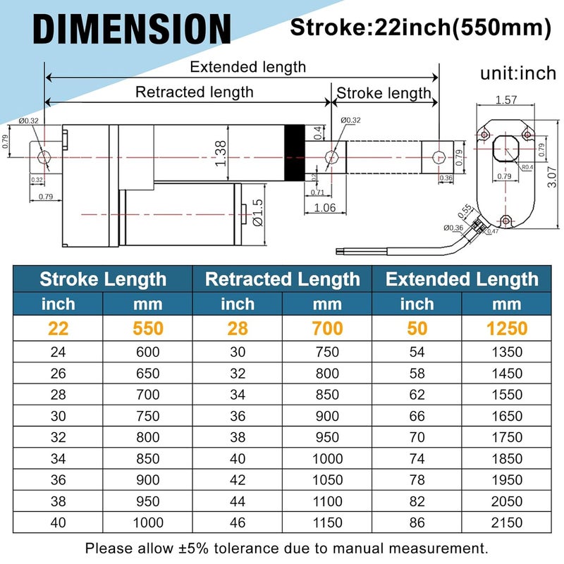 JQDML Store 12V Linear Actuator 176lbs/800N 0.78"/s High Speed Linear Actuator Stroke 22Inch IP65 Protection Electric Actuator with Mounting Brackets,for Door Opener,Solar Tracker,Electric Lifting System - Image 2